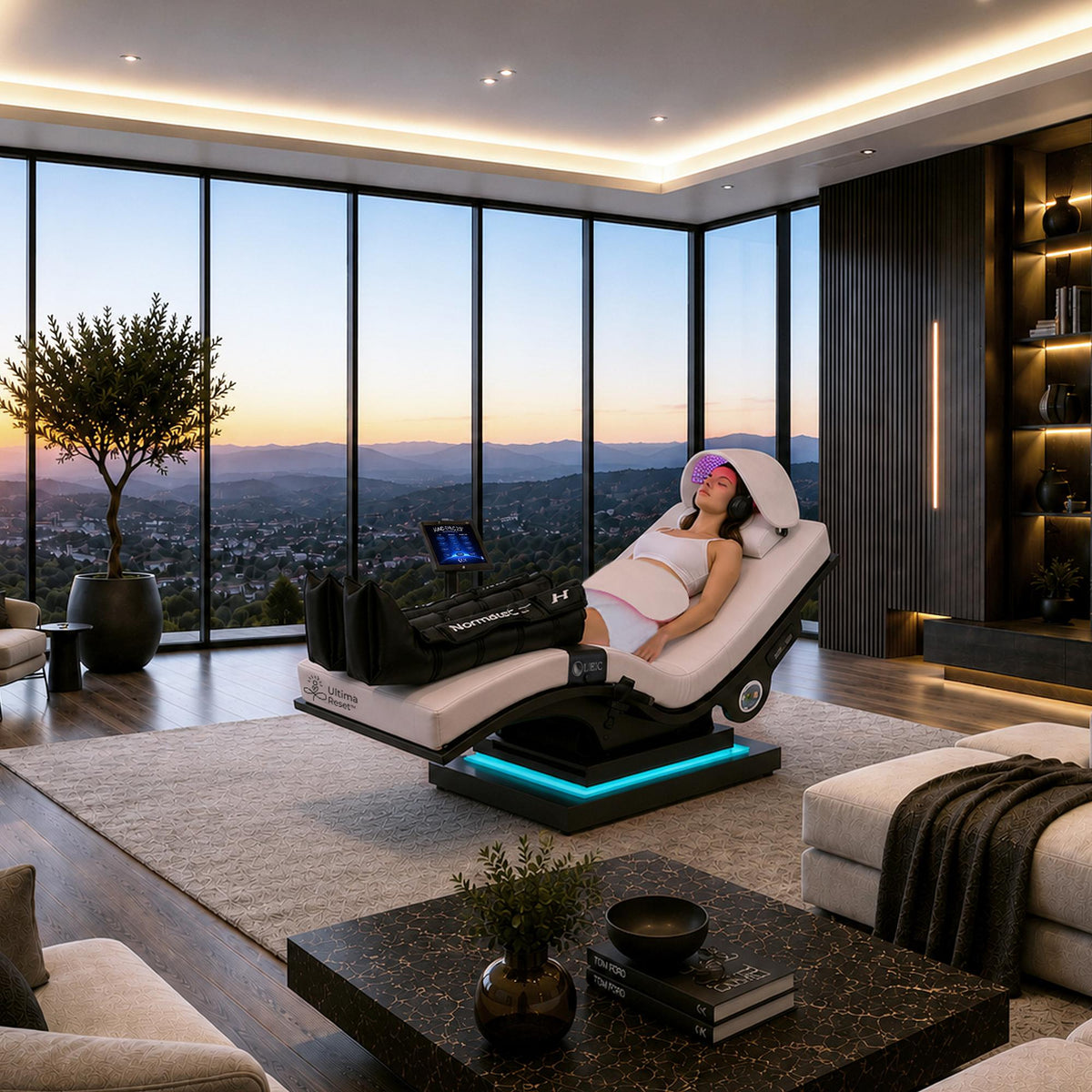 Woman relaxing on the Ultima Reset Lounger with Normatec boots, Celluma hood and headphones in a living room at sunset