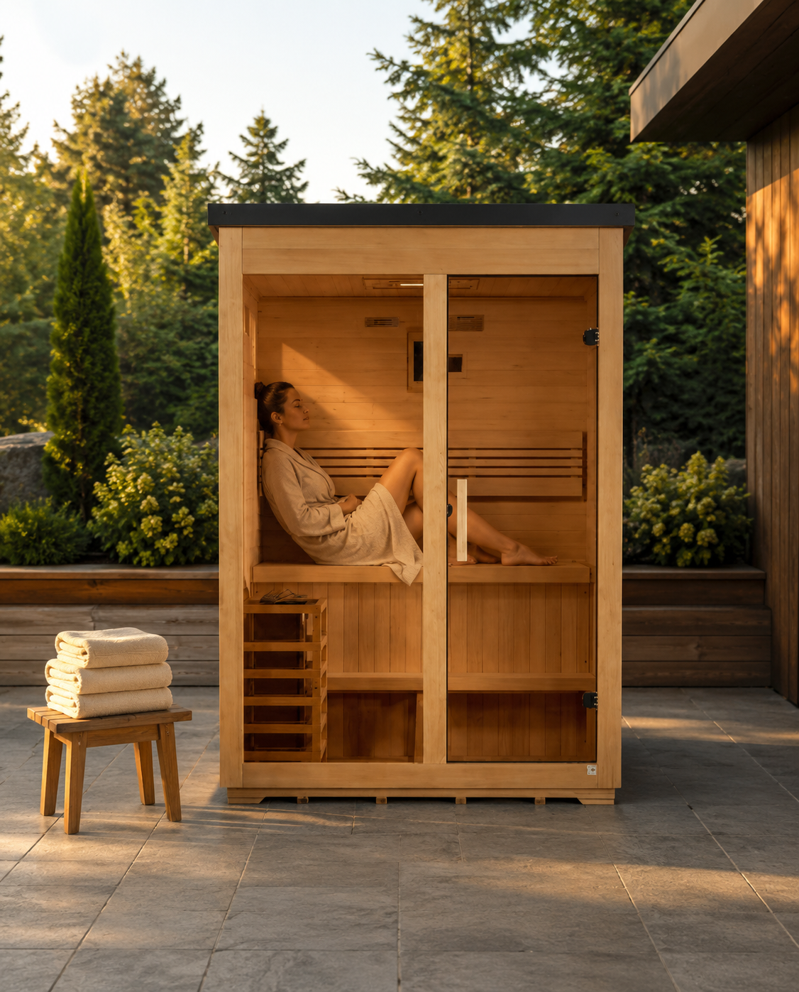 Woman relaxing inside the Golden Designs Arlberg 3-person traditional outdoor sauna on a stone patio at golden hour