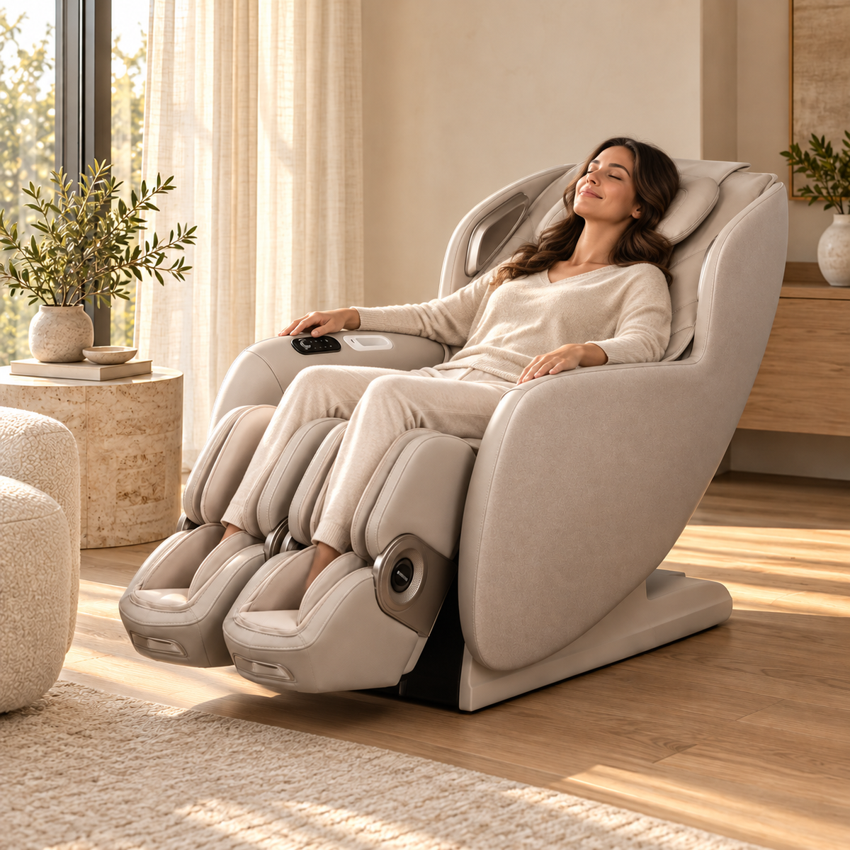 Aront Sentio Massage Chair in Beige, in use, reclined