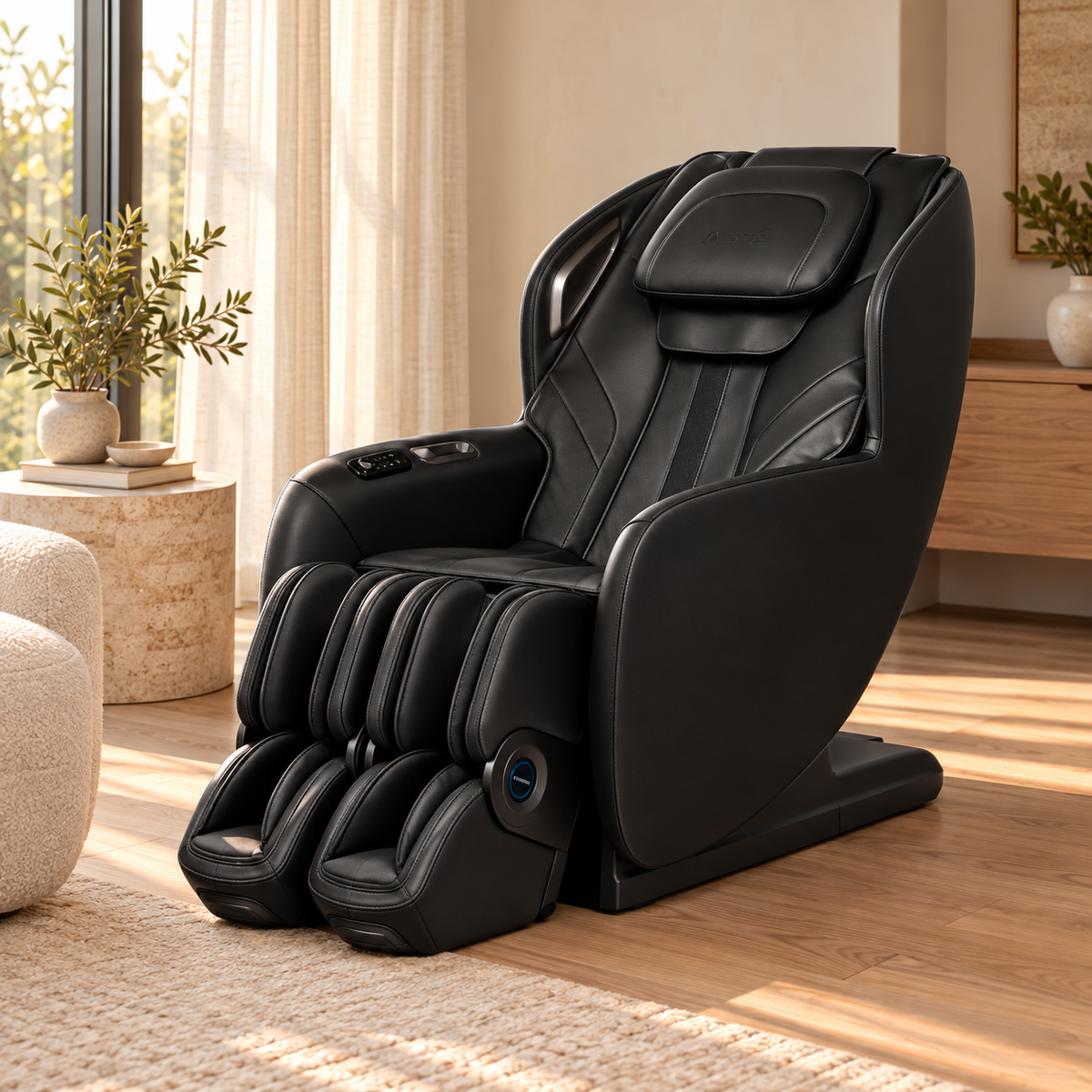 Aront Sentio Massage Chair in Black, in a living room