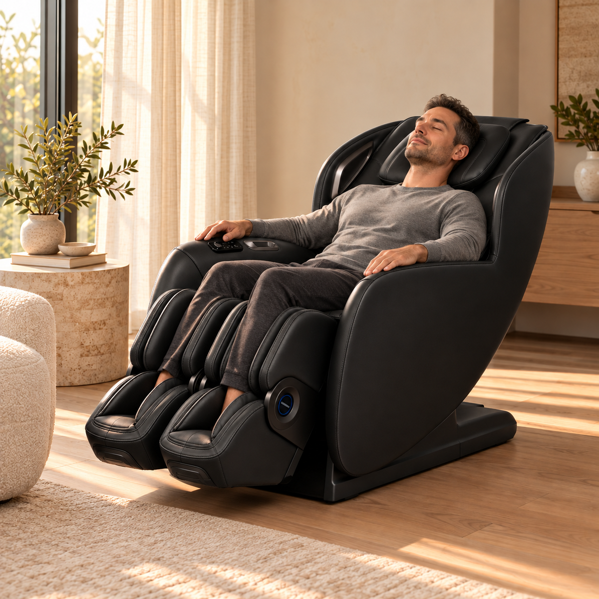 Aront Sentio Massage Chair in Black, in use, reclined