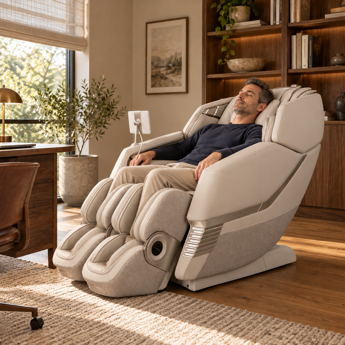 Aront Sentio Pro Massage Chair in Beige, in use, reclined
