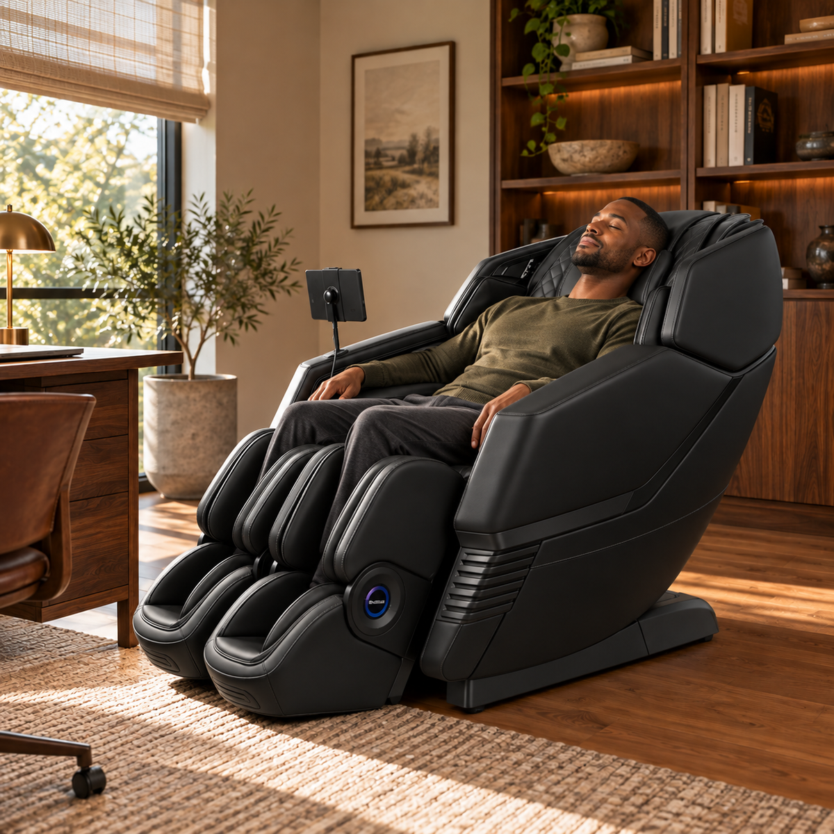 Aront Sentio Pro Massage Chair in Black, in use, reclined