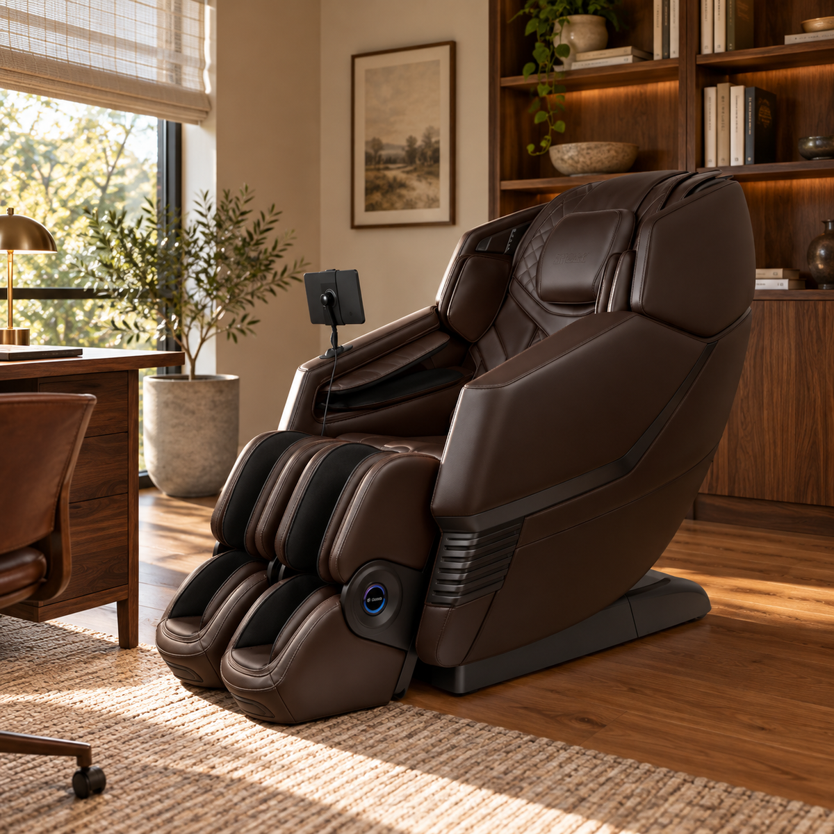 Aront Sentio Pro Massage Chair in Coffee, in a home office