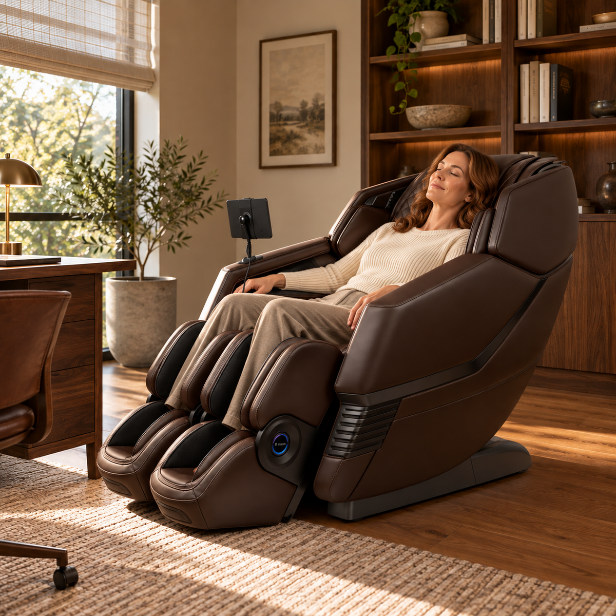 Aront Sentio Pro Massage Chair in Coffee, in use, reclined