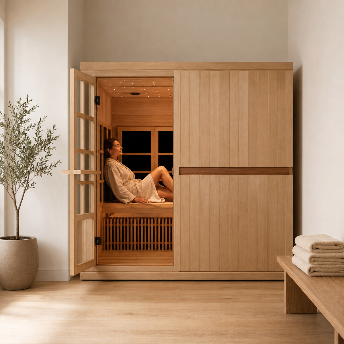 Woman relaxing on the bench inside the Golden Designs Catalonia 8-person infrared sauna in a light wellness room