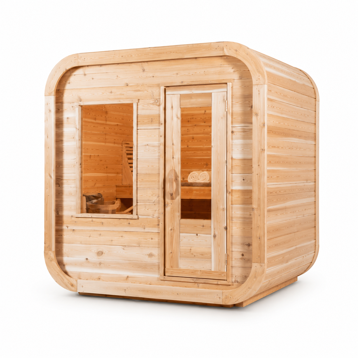 Canadian Timber Luna Sauna three quarter view on a white background showing the rounded cedar corners