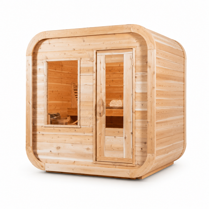 Canadian Timber Luna Sauna three quarter view on a white background showing the rounded cedar corners