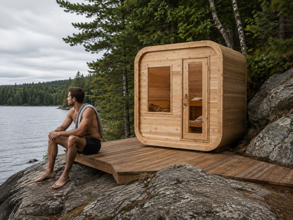 A man resting on the deck beside a Canadian Timber Luna Sauna on a lakeside granite shoreline