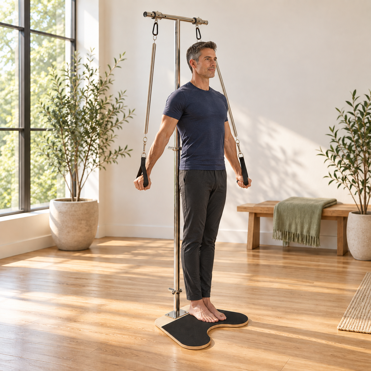 Man standing on the Elina Pilates Ped and Pull base pressing both spring handles down