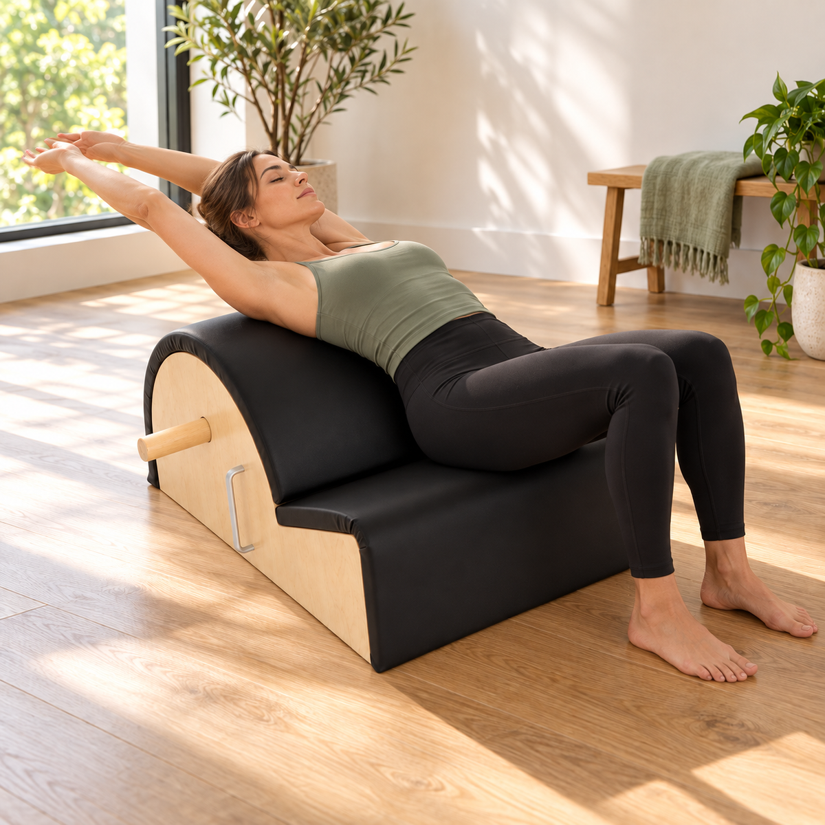 Woman in a supported back extension over the Elina Pilates Spine Corrector
