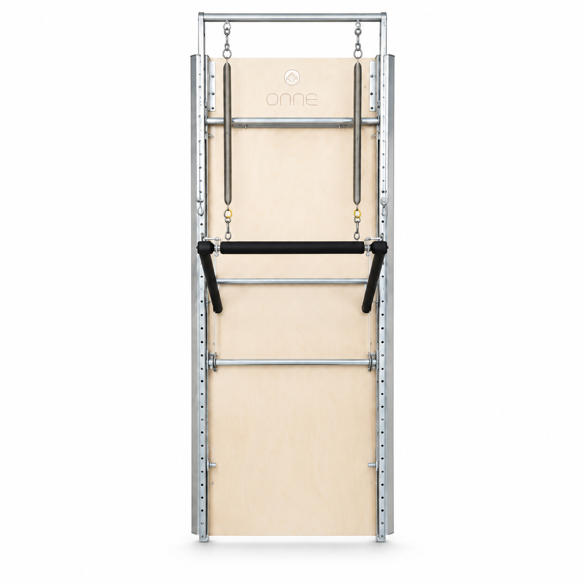 Elina Pilates Wall Board ONNE Basic configuration front view with birch wall panel, springs and push-through bar