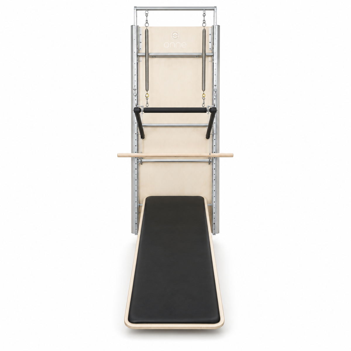 Elina Pilates Wall Board ONNE front view with birch wall panel, springs, push-through bar and inclined mat board