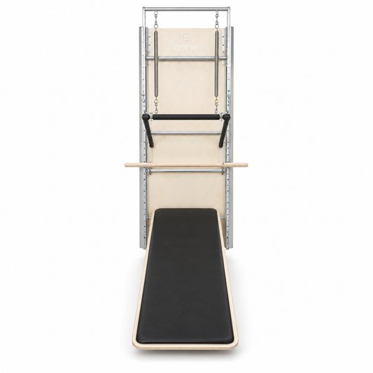 Elina Pilates Wall Board ONNE front view with birch wall panel, springs, push-through bar and inclined mat board