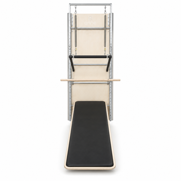 Elina Pilates Wall Board ONNE front view with birch wall panel, springs, push-through bar and inclined mat board