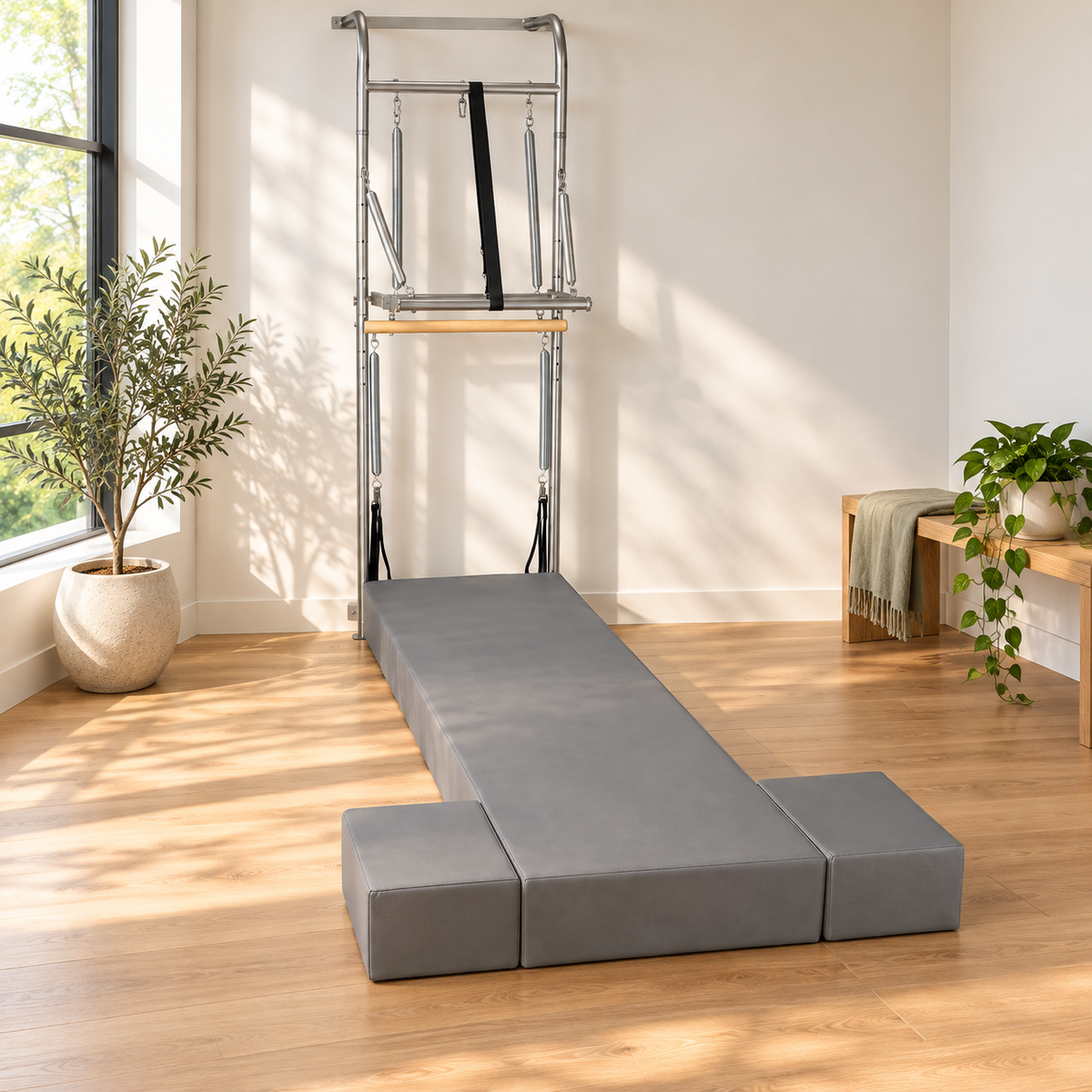 Elina Pilates Wall Unit mounted on the wall of a bright Pilates studio with the grey bed and two boxes