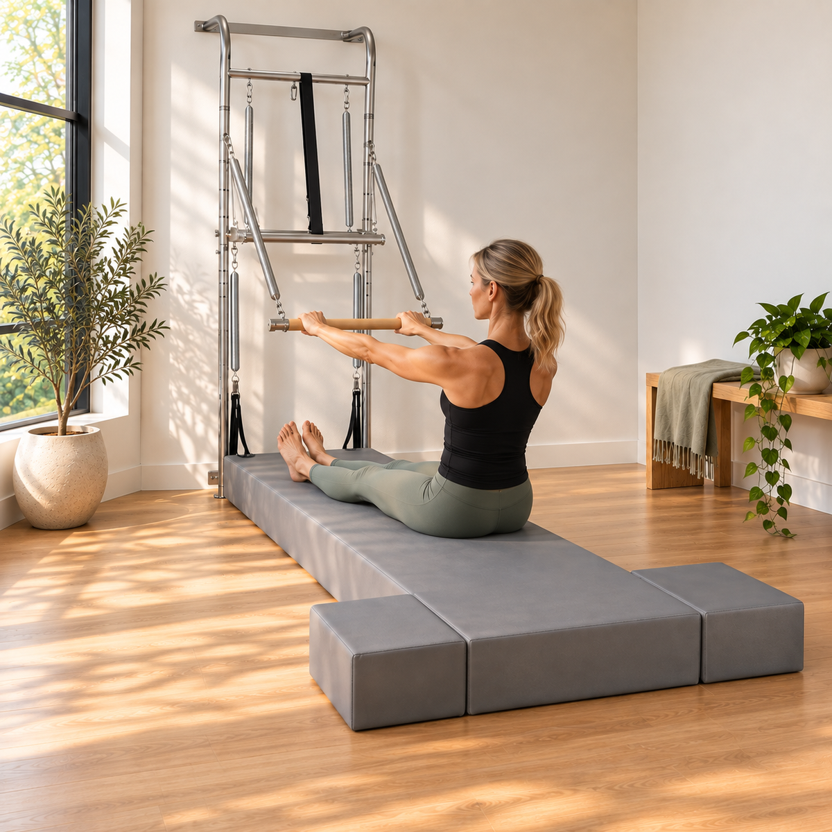 Woman seated on the Elina Pilates Wall Unit bed facing the tower and holding the roll-down bar