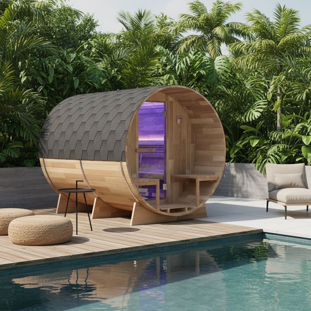 variant-with front porch, SaunaSpa outdoor barrel sauna with front porch beside a pool