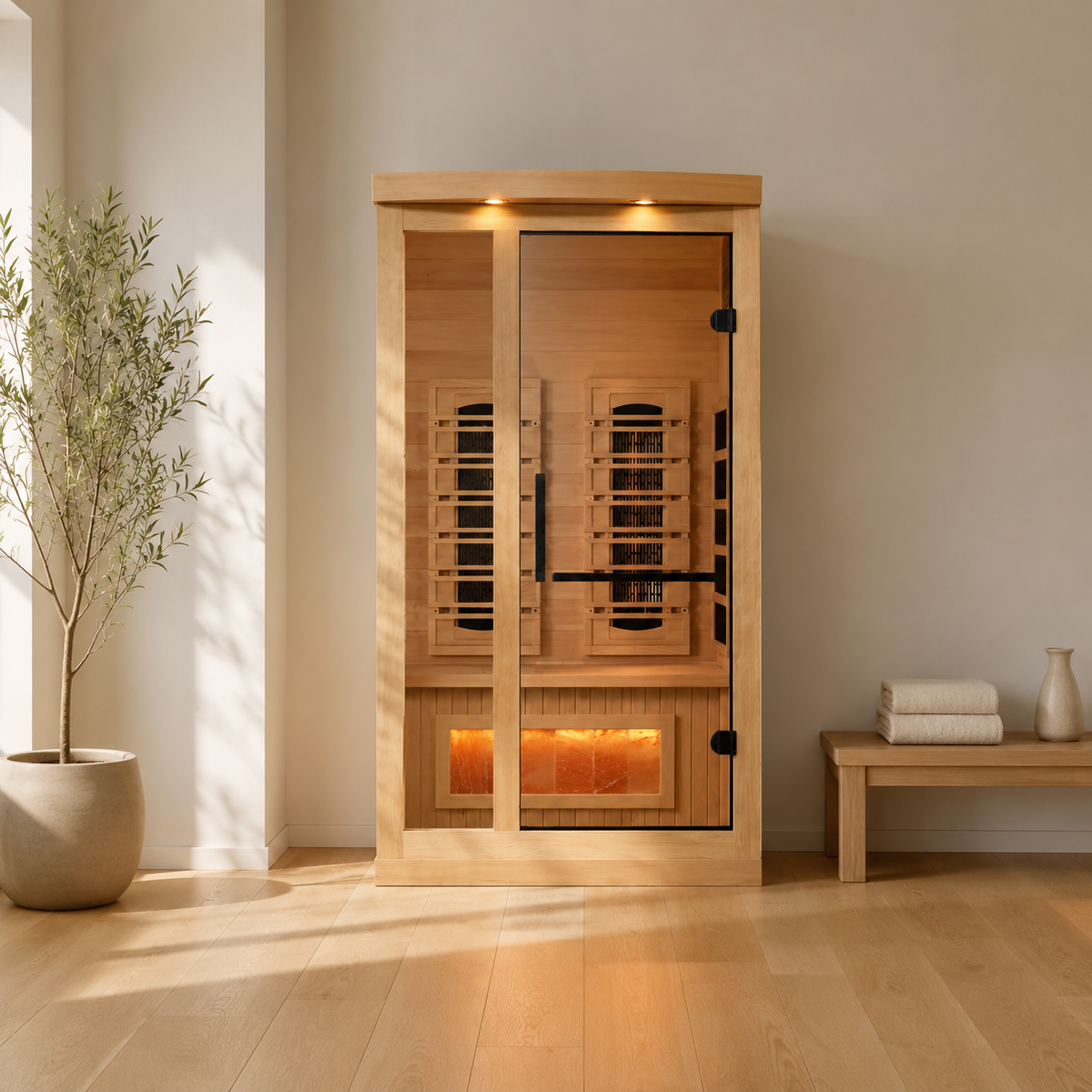 Golden Designs Reserve Edition 1-Person infrared sauna in a minimalist home wellness room