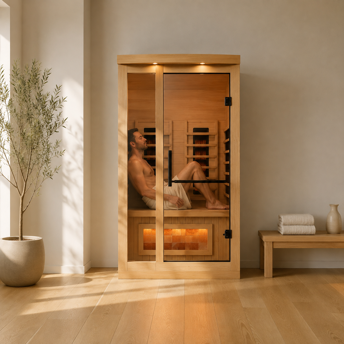 Man relaxing in the Golden Designs Reserve Edition 1-Person infrared sauna