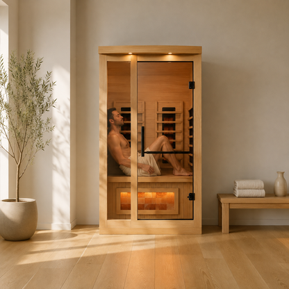 Man relaxing in the Golden Designs Reserve Edition 1-Person infrared sauna