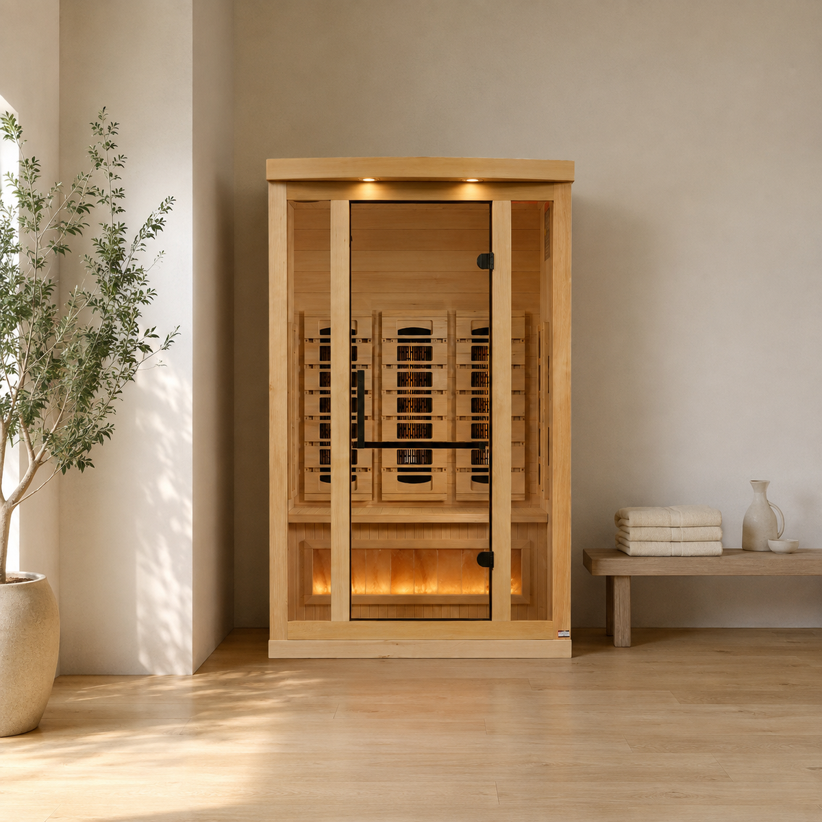 Golden Designs Reserve Edition 2-Person infrared sauna in a minimalist home wellness room