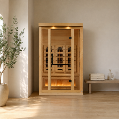 Golden Designs Reserve Edition 2-Person infrared sauna in a minimalist home wellness room