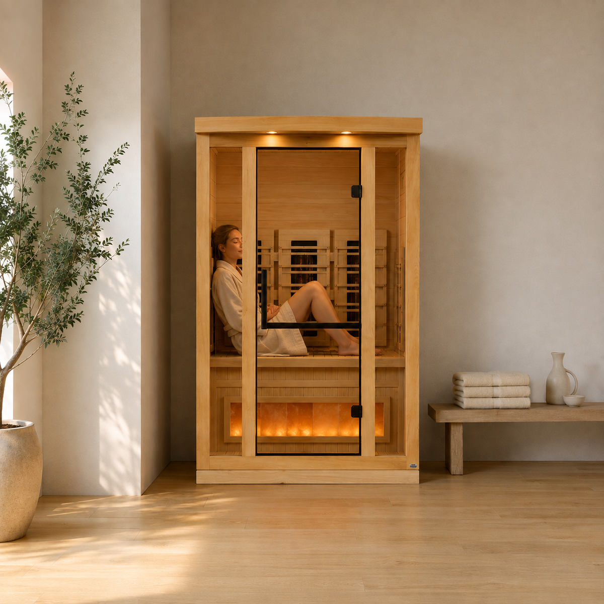 Woman relaxing in the Golden Designs Reserve Edition 2-Person infrared sauna