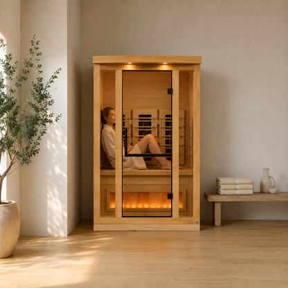 Woman relaxing in the Golden Designs Reserve Edition 2-Person infrared sauna