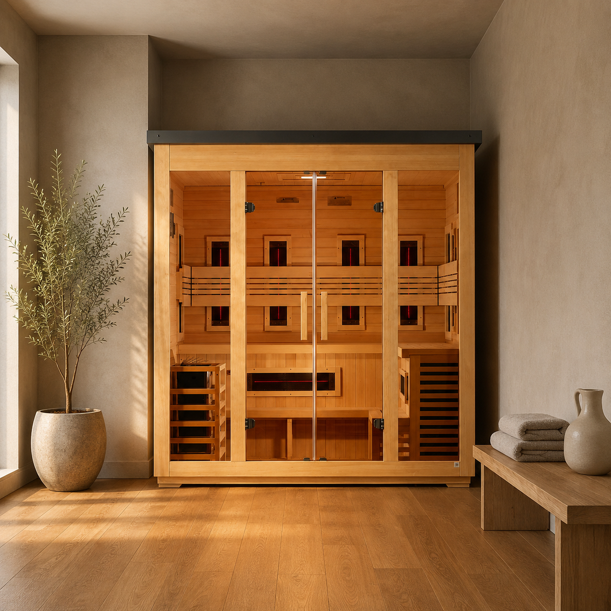 Golden Designs Gargellen hybrid sauna in a minimalist home wellness room