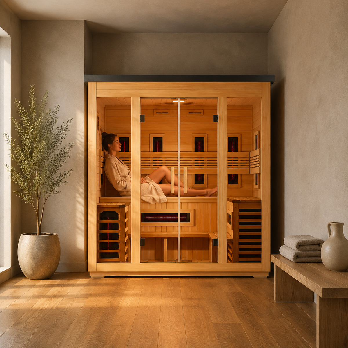 Woman relaxing in the Golden Designs Gargellen hybrid sauna