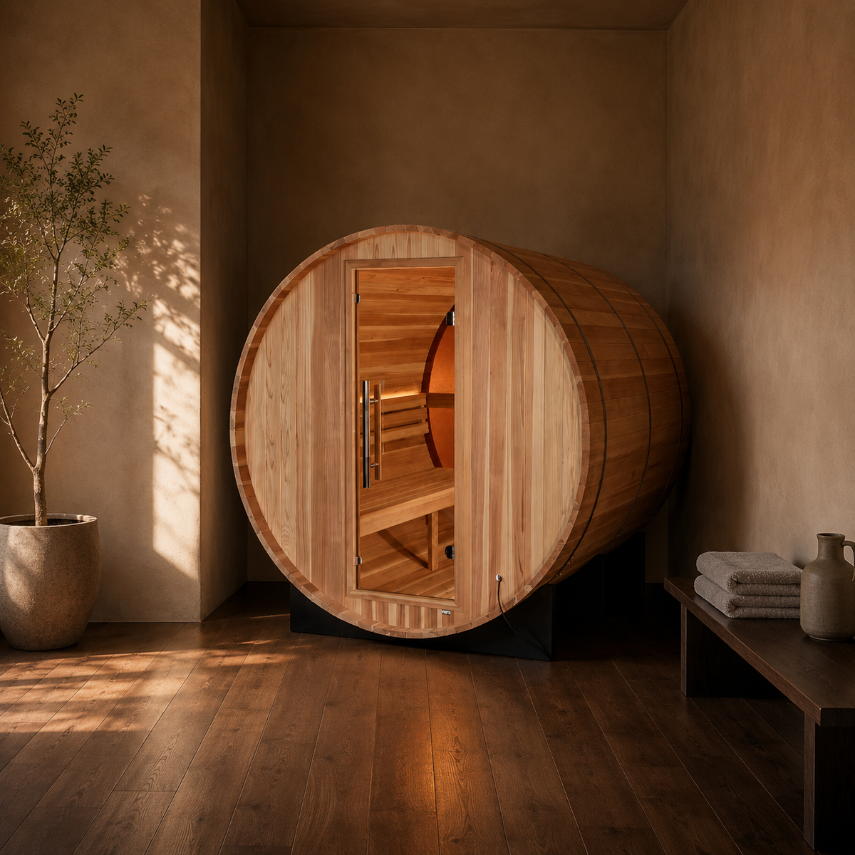 Golden Designs Zurich barrel sauna in a minimalist home wellness room