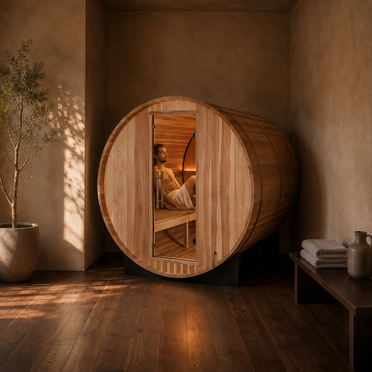 Man relaxing in the Golden Designs Zurich barrel sauna