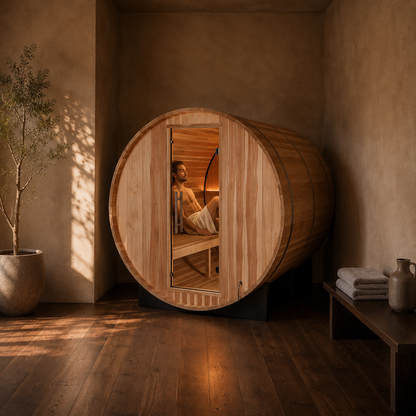 Man relaxing in the Golden Designs Zurich barrel sauna