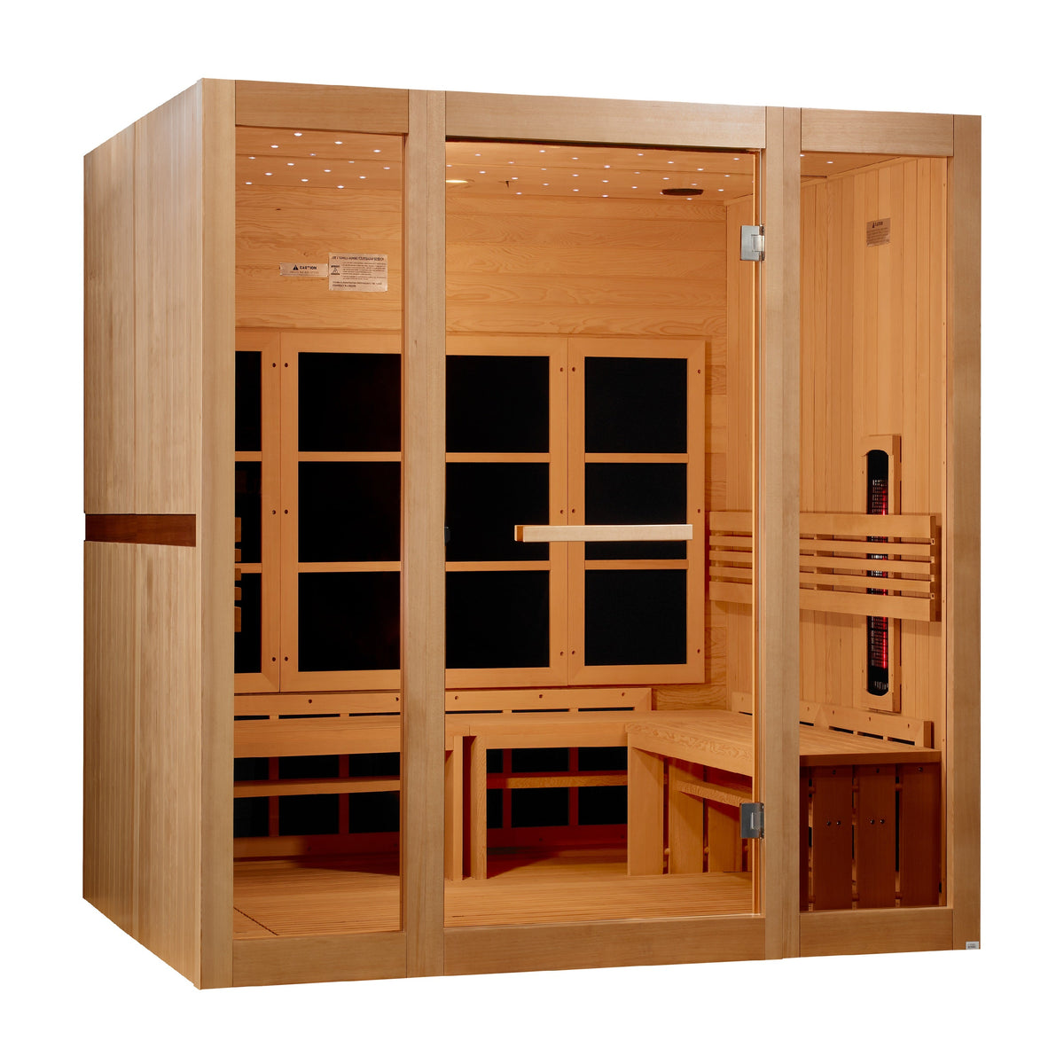 Golden Designs Catalonia 8-person full spectrum infrared sauna, three-quarter view showing hemlock interior and infrared panels