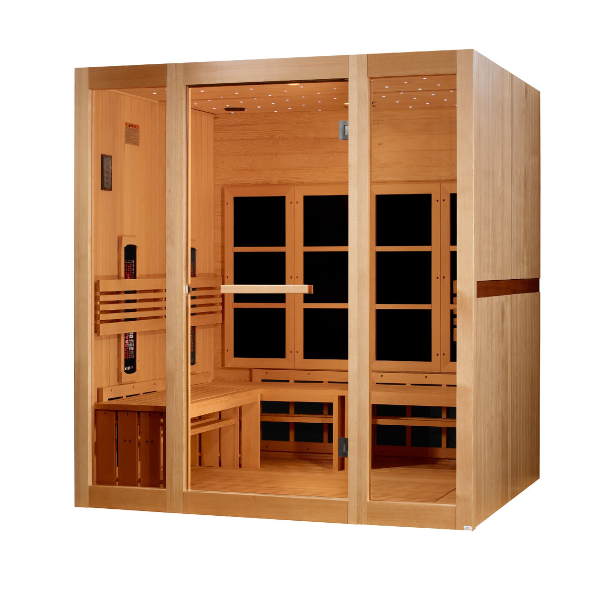 Golden Designs Catalonia 8-person infrared sauna, opposite three-quarter view