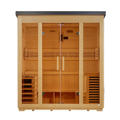 Golden Designs Vorarlberg 5-person flat roof outdoor sauna, front elevation showing bronze privacy glass door