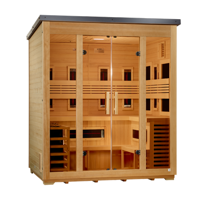 Golden Designs Gargellen hybrid outdoor sauna left angle