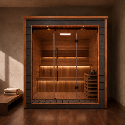 Golden Designs Bergen 6-person traditional steam sauna installed in a home wellness room