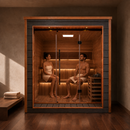 Two people relaxing inside the Golden Designs Bergen 6-person traditional steam sauna