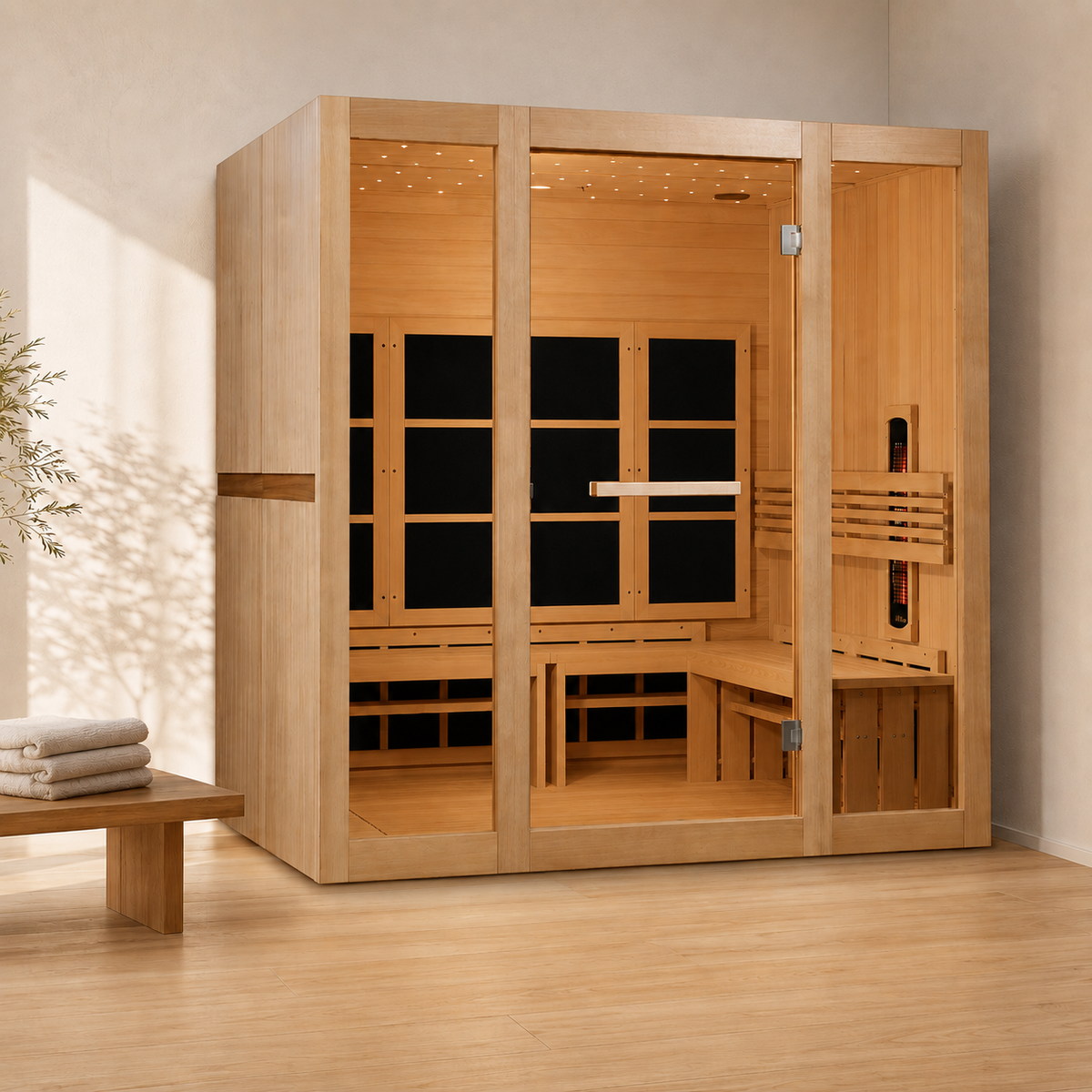 Golden Designs Catalonia 8-person full spectrum infrared sauna installed in a home wellness room