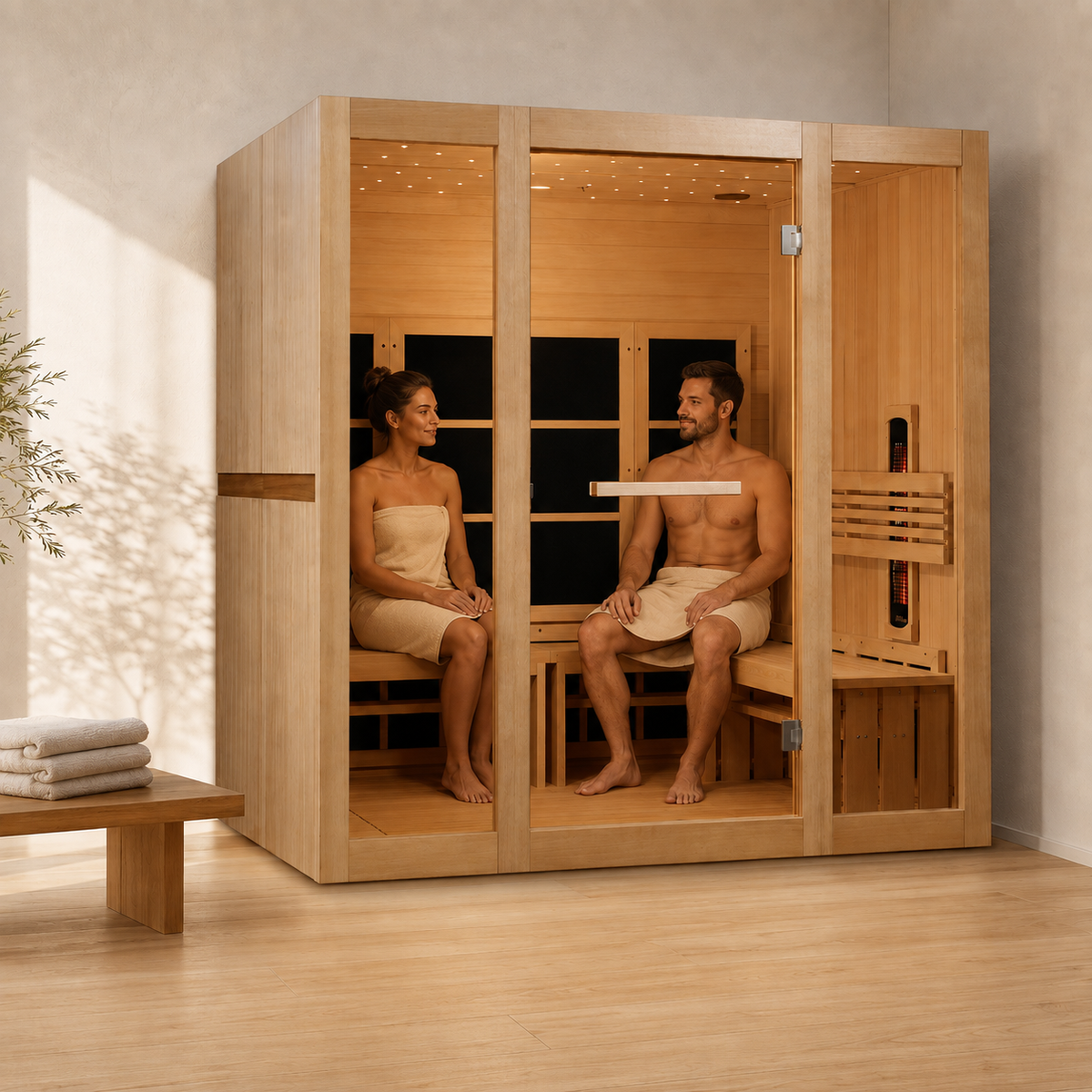 Two people relaxing inside the Golden Designs Catalonia 8-person full spectrum infrared sauna