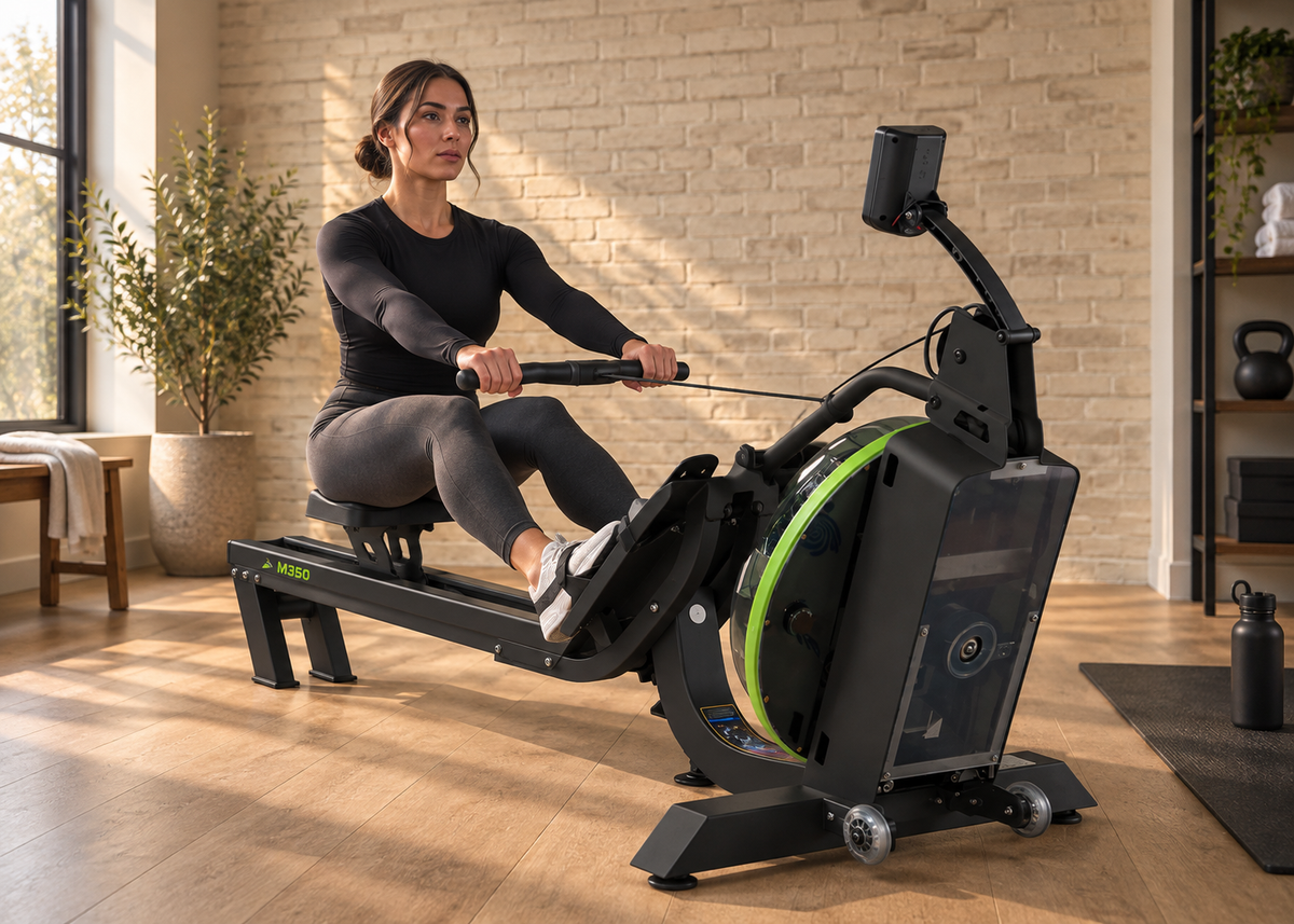 Woman rowing on the Dynamic Fluid M350 water rower