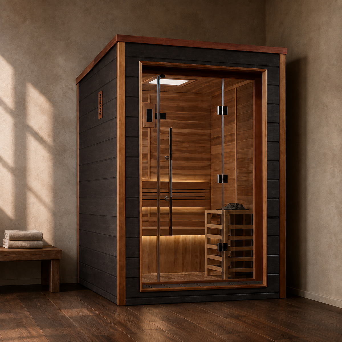 Golden Designs Narvik 2-person traditional steam sauna installed in a home wellness room