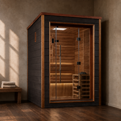 Golden Designs Narvik 2-person traditional steam sauna installed in a home wellness room