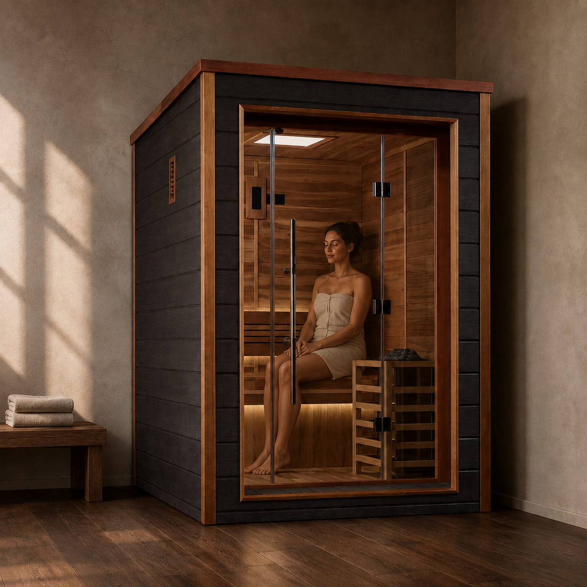 A woman relaxing inside the Golden Designs Narvik 2-person traditional steam sauna