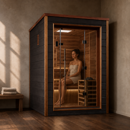 A woman relaxing inside the Golden Designs Narvik 2-person traditional steam sauna