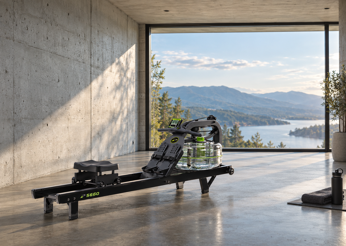 Dynamic Fluid S660 Forge water rower in a concrete home gym overlooking a mountain lake