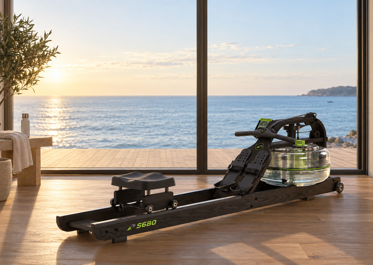 Dynamic Fluid S680 water rower in a beach house home gym at sunset