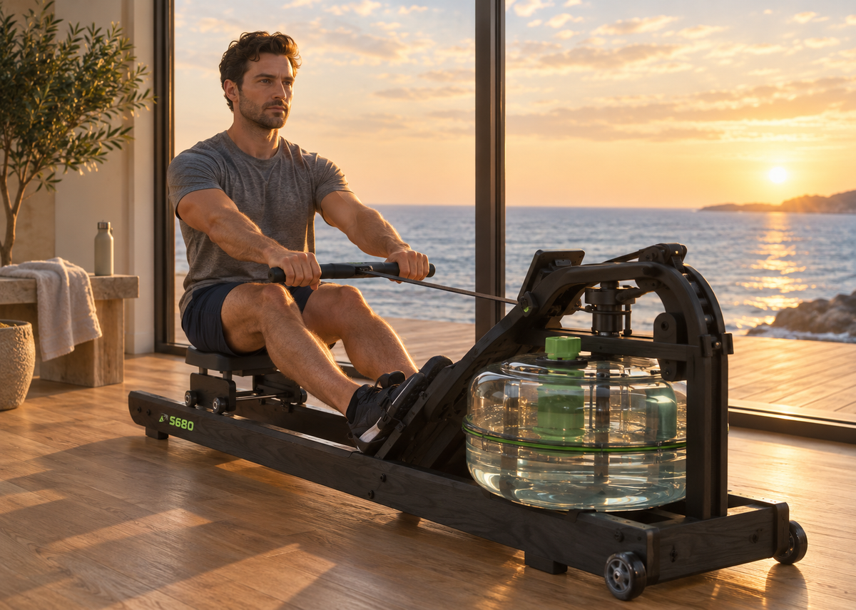 Man rowing on the Dynamic Fluid S680 water rower